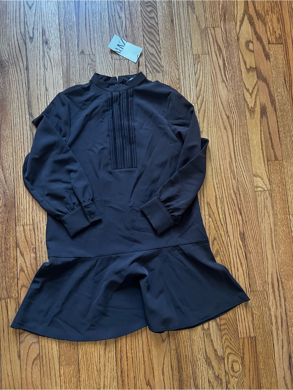 Zara Black Long-Sleeve Pintuck Ruffle-Hem Dress